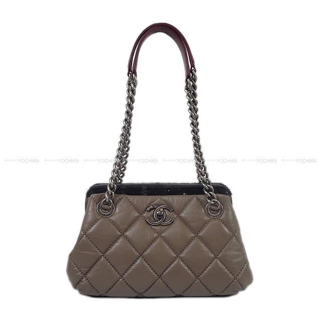 Chanel シャネル マトラッセ ツイード チェーン ショルダーバッグ グレージュx黒xボルドー エイジドカーフスキンxツイード A