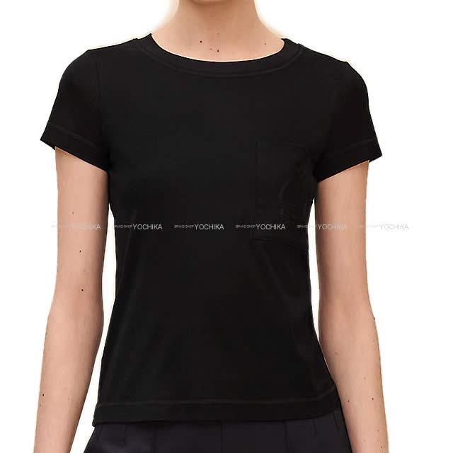 2019年春夏 新作 HERMES エルメス レディース Tシャツ ポケット付 刺繍 #36 黒 (ブラック) コットン100% 新品