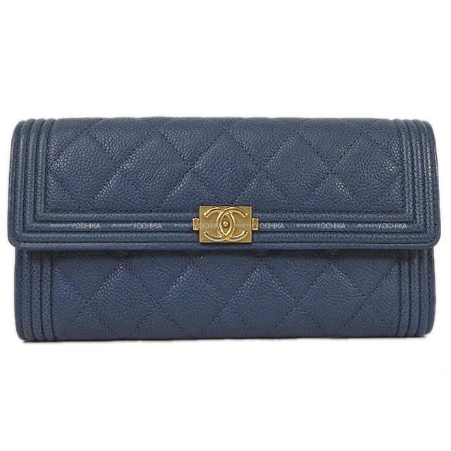 CHANEL シャネル ボーイシャネル マトラッセ フラップ 長財布 ネイビー/カーキ グレインドカーフ ゴールド金具 A80286 新品未使用