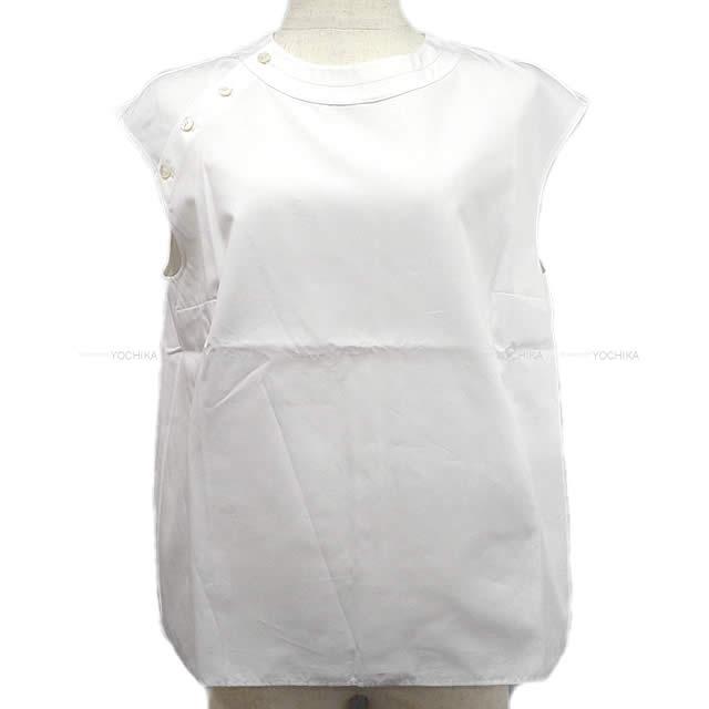 Hermes エルメス レディース ブラウス ノースリーブ トップコールラウンドボタン 38 白 コットン100 新品