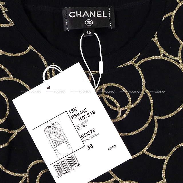 CHANEL シャネル レディース カメリア 半袖Tシャツ ポーチ付 黒(ブラック)/ゴールド コットン #36 新品未使用