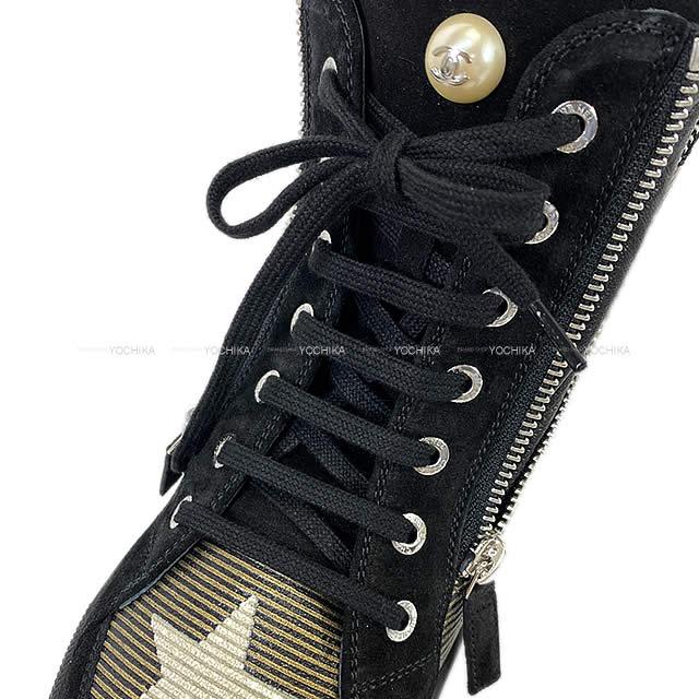 CHANEL シャネル 靴 レディース ハイカット 星 パリダラス パール スニーカー 黒/ゴールド スウェード/キャンバス #39 G30243  新品未使用