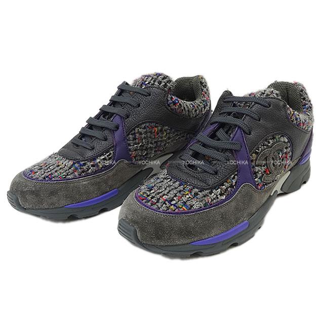 Chanel シャネル ココマーク レディース スニーカー ツィード スウェード パテントエナメルレザー グレー パープル 39 G265 新品未使用