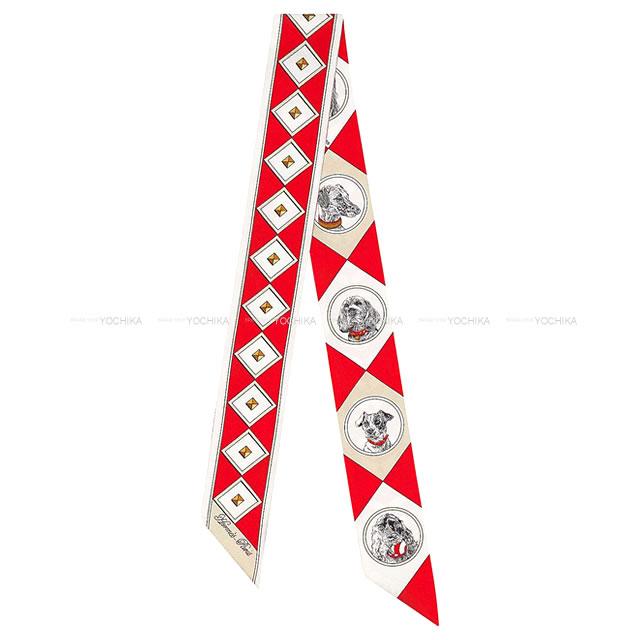 HERMES エルメス スカーフ ツイリー 首輪と犬 ルージュ/白(ホワイト)/マスチック シルク100％ 新品
