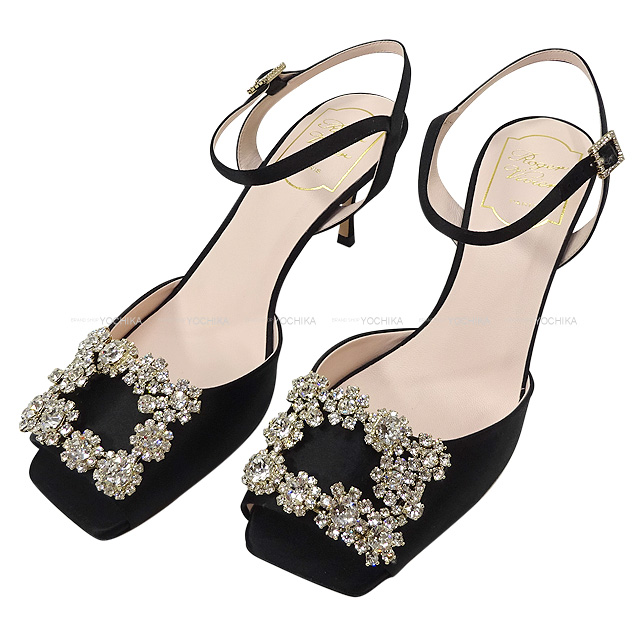 Roger Vivier ロジェヴィヴィエ フラワーストラスバックル オープントゥ アンクルストラップサンダル #38 黒 (ブラック) サテン シルバー金具 新品未使用