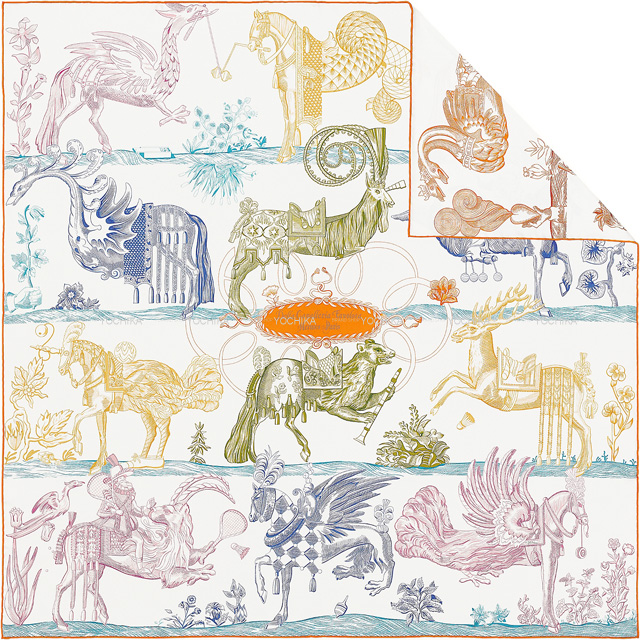 2021年 春夏 HERMES エルメス スカーフ カレ90 ダブルフェイス デッラ・カヴァッレリア・ファヴォローサ 白/ジョーヌパイユ シルク100% 新品未使用
