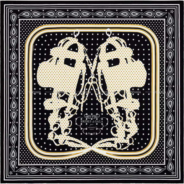 HERMES エルメス スカーフ カレ55 バンダナ ブリッド ドゥ ガラ 黒 (ブラック)/白 (ホワイト)/オレンジ シルク100% 新品