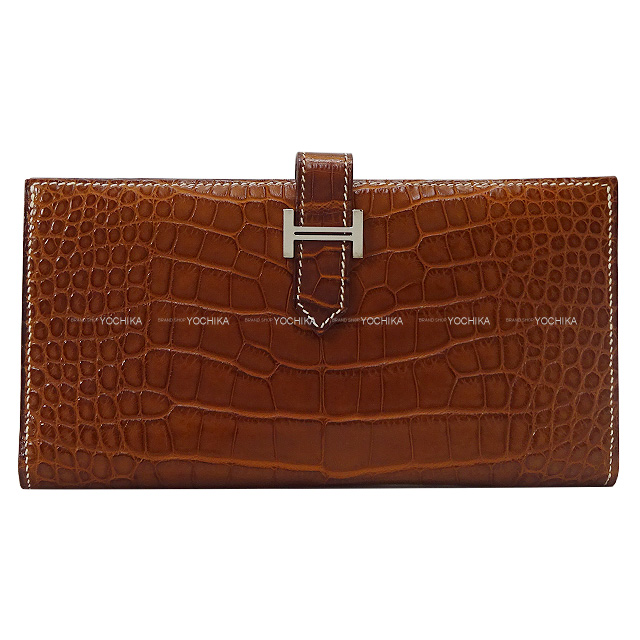 HERMES エルメス 長財布 ベアン クラシック SOLDES品 フォーブ クロコダイルアリゲーターマット/バレニア シルバー金具 G刻印  新品同様【中古】