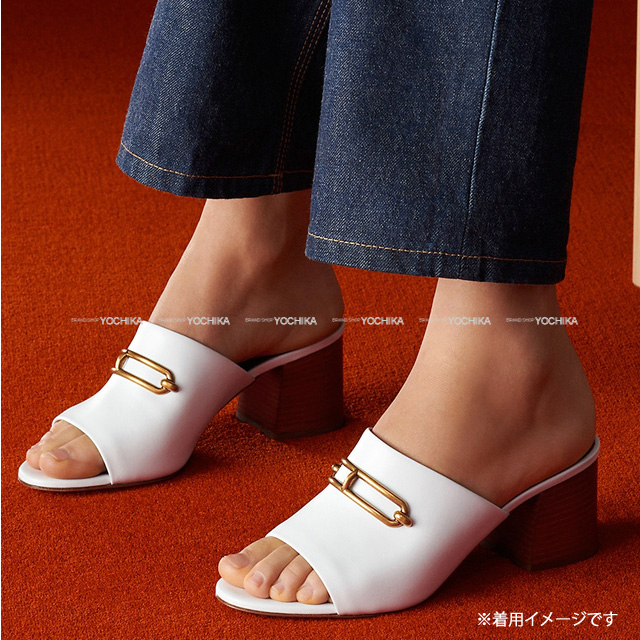 HERMES ホワイト ミュールウェッジヒール ミュール サンダル ウェッジヒール ソール レディース
