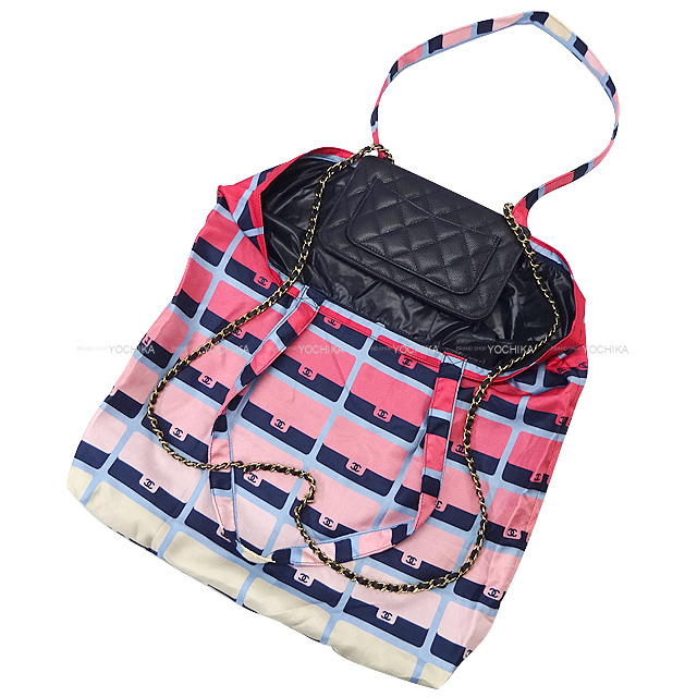 CHANEL シャネル エコバッグ マトラッセ ココマーク チェーンショルダー ネイビー/ピンク グレインドカーフ(キャビアスキン)  /プリントファブリック シャンパンゴールド金具 AP2095 新品未使用