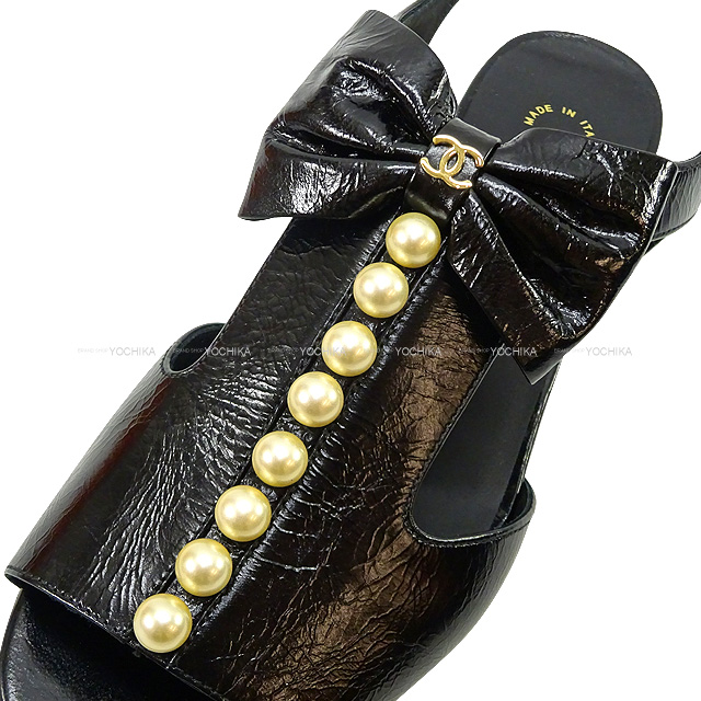 CHANEL シャネル サンダル リボンパール オープントゥ ココマーク 黒 