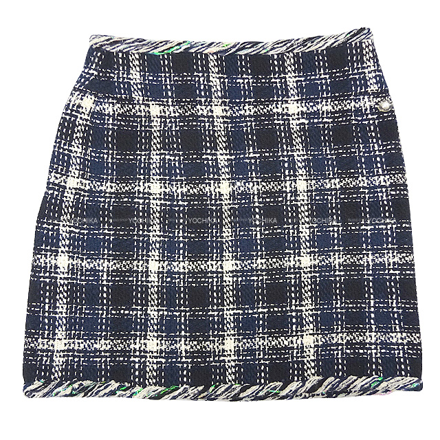 2018年 春夏 CHANEL シャネル スカート パールボタン付き ツイード P58734 ネイビー 新品同様【中古】