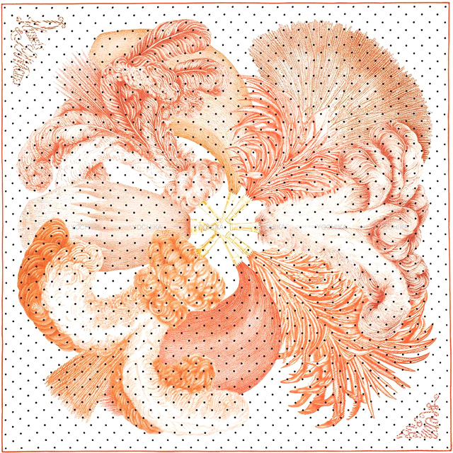 2022年 春夏 HERMES エルメス スカーフ カレ90 羽根と羽根飾り 白(ホワイト)/オレンジ/ノアゼット (ノワゼット) シルク100％  新品未使用
