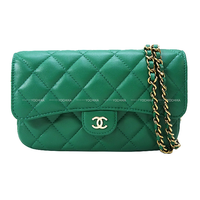 2022年 秋冬 新作 CHANEL シャネル ショルダーバッグ マトラッセ フラップ フォンケース ココマーク グリーン ラムスキン  シャンパンゴールド金具 AP2096 新品