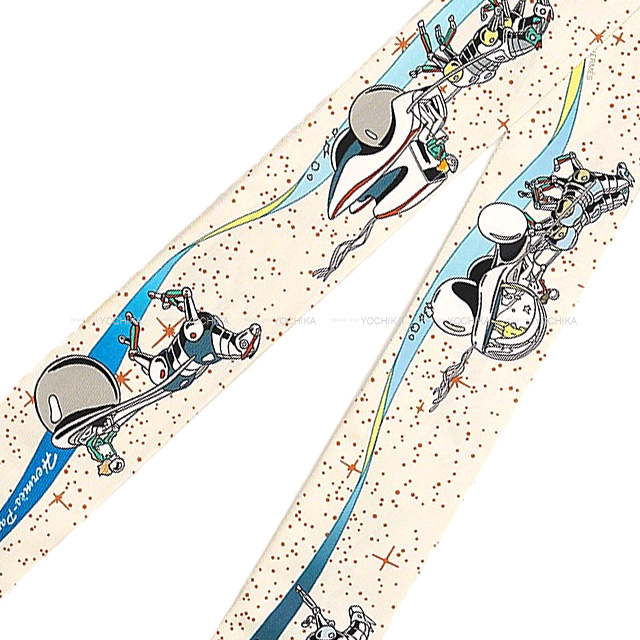 HERMES エルメス スカーフ ツイリー スペースダービー Space Derby クリーム/ブルー/マルチカラー シルク100％ 新品