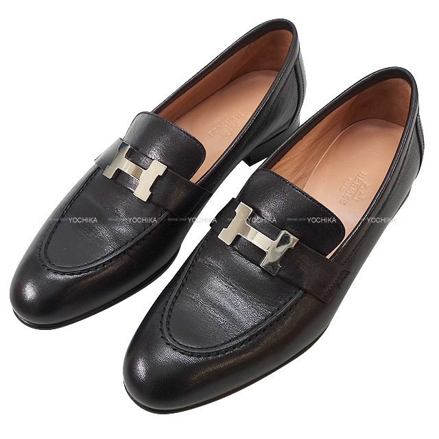 HERMES エルメス ローファー シューズ モカシン パリ ローファー 黒 (ブラック) シェーブル #37 シルバー金具 新品同様【中古】