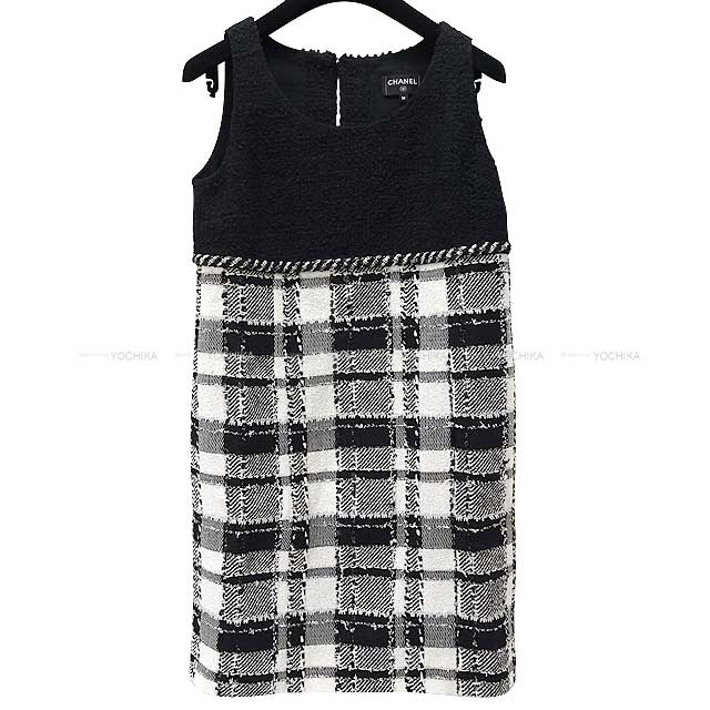 2023年 春夏 CHANEL シャネル ワンピース チェック柄 切り替え ドレス #36 黒 (ブラック)/白 (ホワイト) ツイード P74449  新品