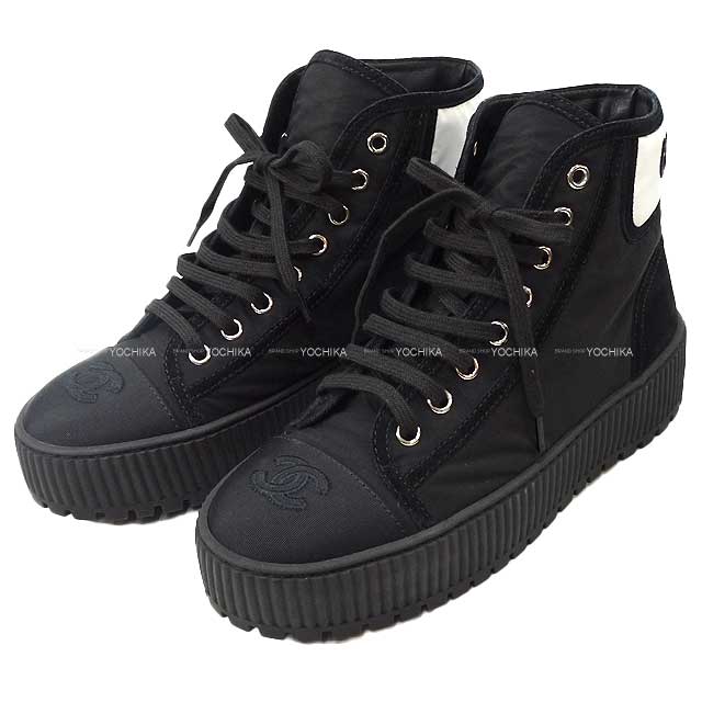 CHANEL Velvet Calfskin Mixed Fibers CC Sneakers 38 Black 1283407