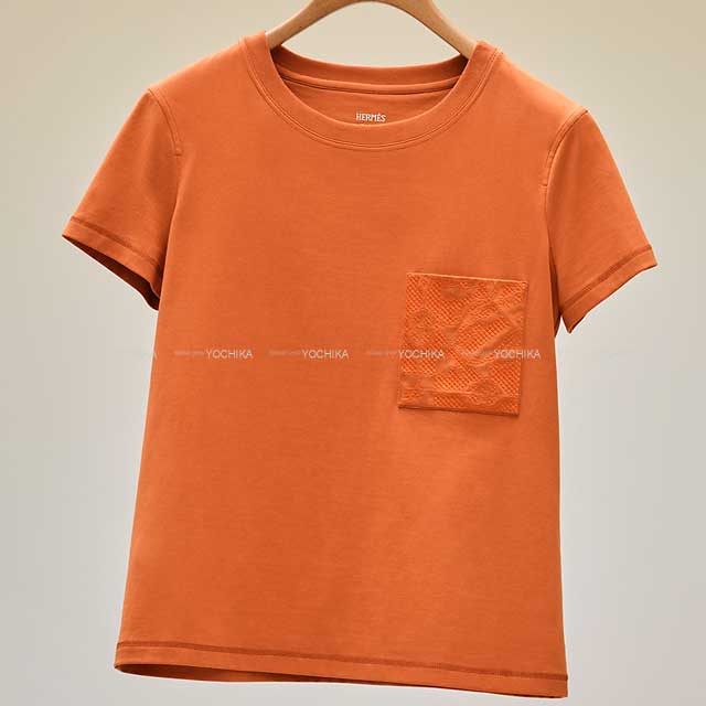 美品 エルメス 19年 占星術 ジャガードニット 半袖Tシャツ レディース オレンジ 36 シルク コットン HERMES約35cm身幅