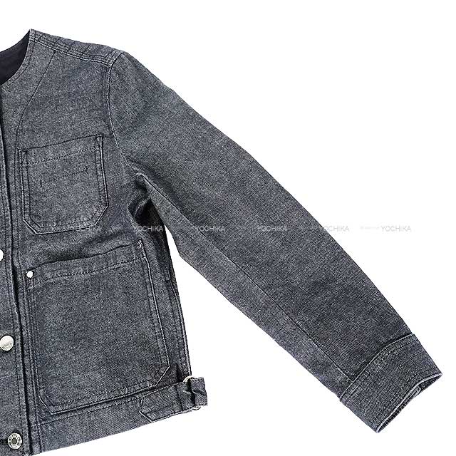 未使用に近い 近年 エルメス デニムジャケット 38 セリエボタン リボン 2022年春夏 HERMES エルメス ノーカラージャケット デニム セリエ