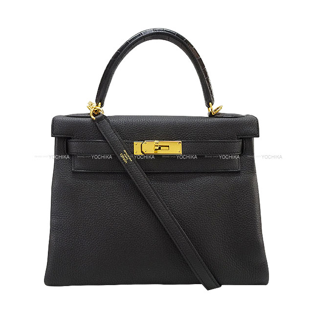 ケリー28 内縫い タッチ 黒 (ブラック) トゴ/クロコダイル アリゲーターマット GHW C刻印 新品同様【中古】