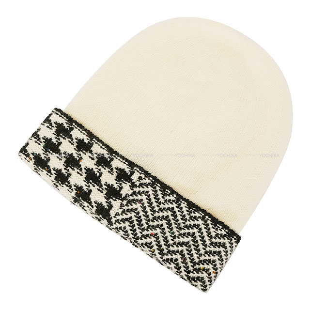 超美品 シャネル ココマーク ニットキャップ 千鳥格子 ビーニー アイボリー CHANEL 【超美品】シャネル ココマーク 千鳥格子 ニットキャップ