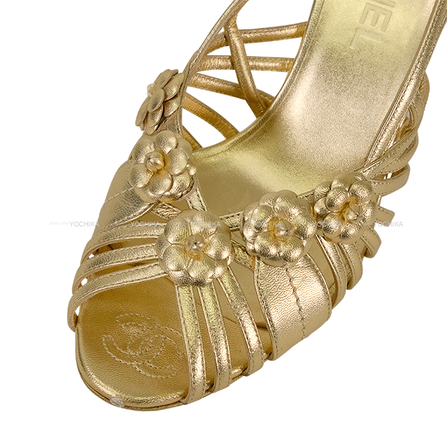 美品❤CHANEL【シャネル】カメリア&ココマーク　パンプス　ゴールド CHANEL シャネル パンプス レディース カメリア ゴールド レザー 24cm