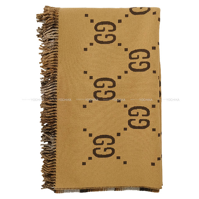 GUCCI グッチ GG&チェック リバーシブル ブランケット ブラウン ウール