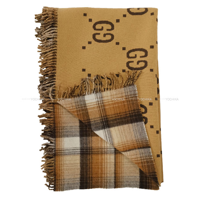 GUCCI　グッチ GG柄 チェック柄 リバーシブル 毛布 ラグ絨毯　掛け布団 GUCCI グッチ GG&チェック リバーシブル ブランケット ブラウン ウール