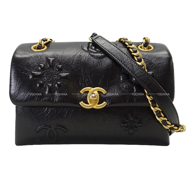 CHANEL シャネル ロゴマーク カメリア模様 チェーンショルダー サテン×レザー 黒（ゴールド金具） レディース バッグ レディース【中古】【送料無料】 CHANEL シャネル ショルダーバッグ チェーン ココマーク カメリア