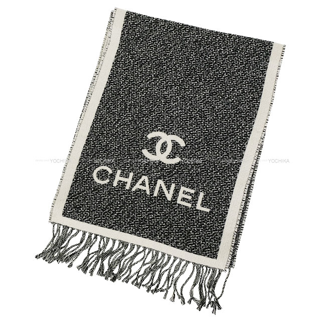 CHANEL シャネル モノトーンココマークマフラー CHANEL シャネル マフラー ココマーク ロゴ フリンジ 黒 (ブラック)/白