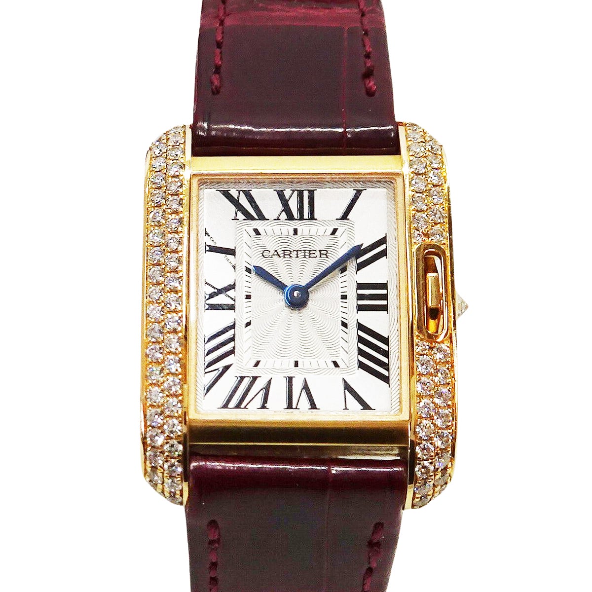 カルティエ 腕時計 タンク アングレーズ ベゼルダイヤ スクエア SM ボルドー K18PG/クロコダイルアリゲーター/ダイヤモンド WT100013 SAランク【中古】